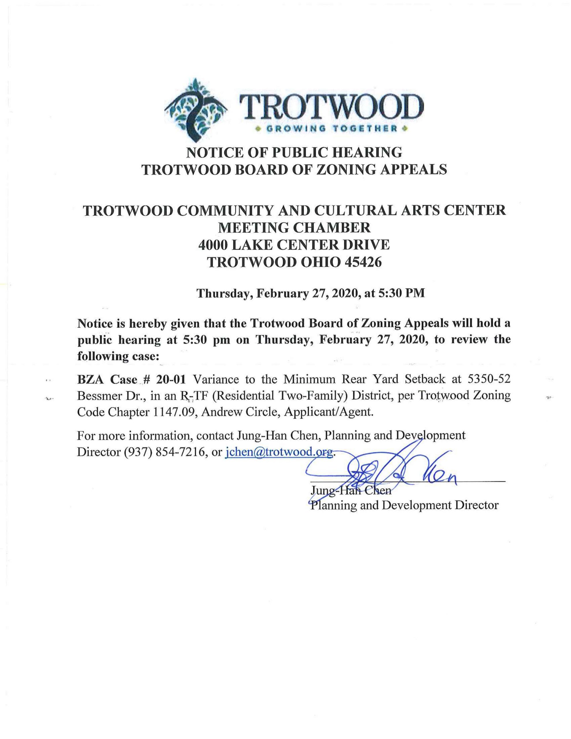 Notice of Public Hearing Trotwood Board of Zoning Appeals - Trotwood, Ohio