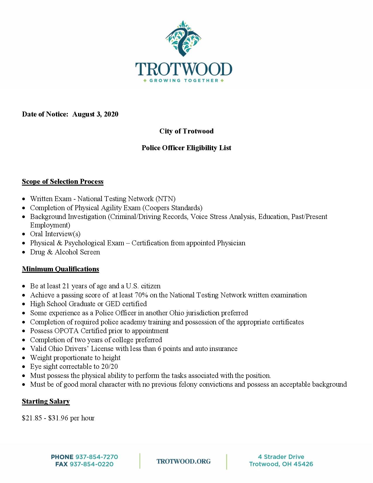 City of Trotwood Police Officer Eligibility List - Trotwood, Ohio