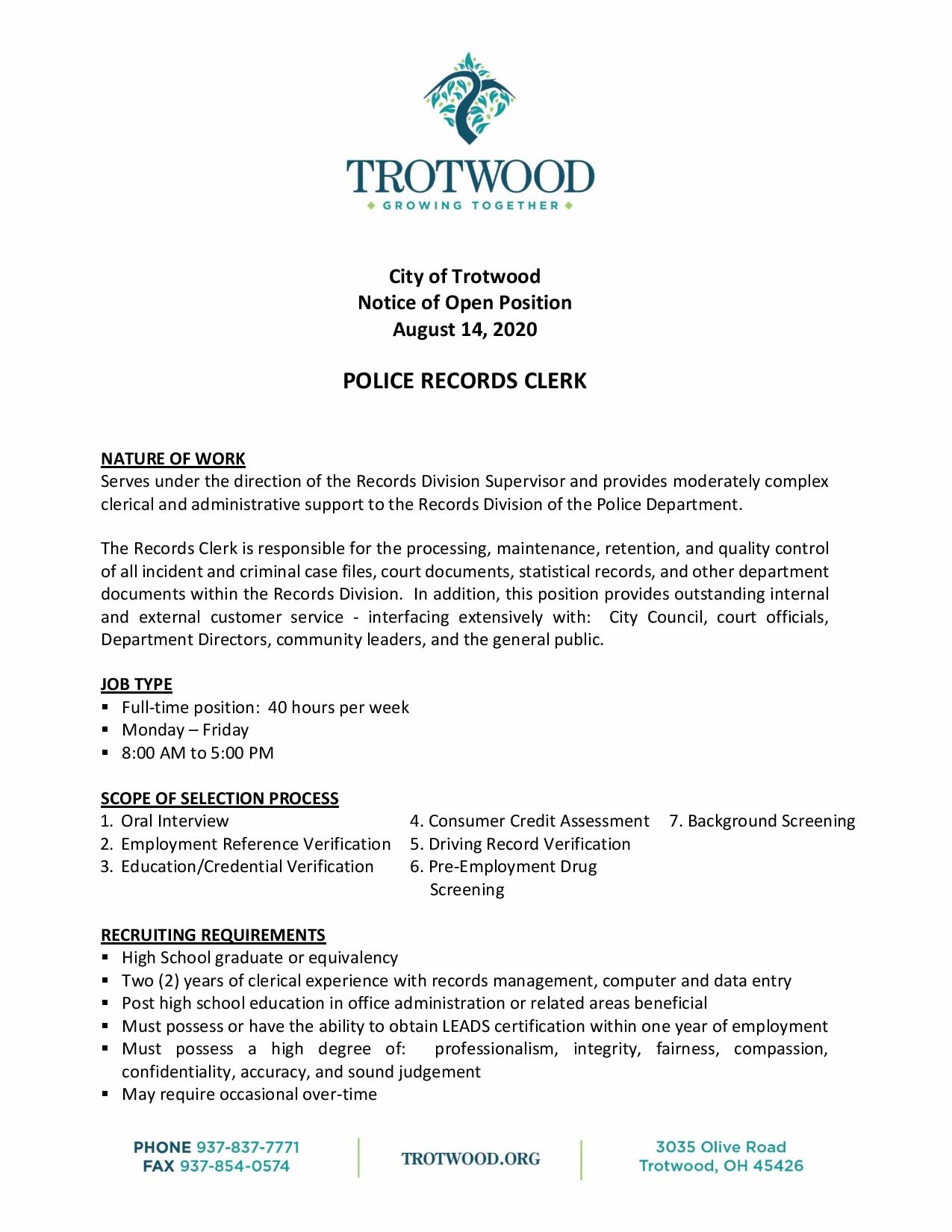 Notice Of Open Position Police Records Clerk Trotwood Ohio