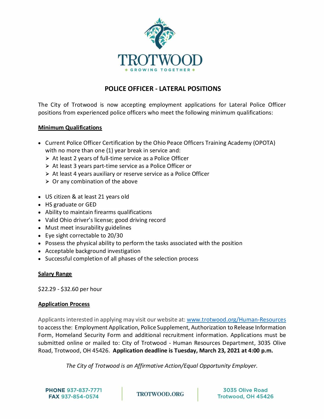 POLICE OFFICER – LATERAL POSITIONS - Trotwood, Ohio