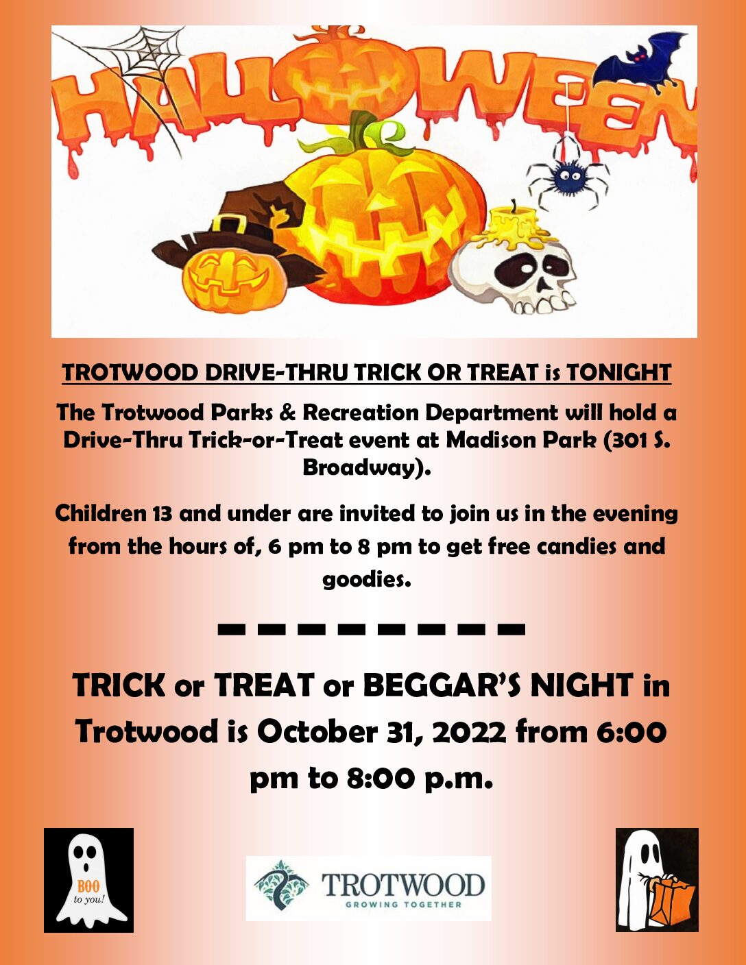 Halloween Info Trick or Treat and Beggar's Night 2022 Trotwood, Ohio