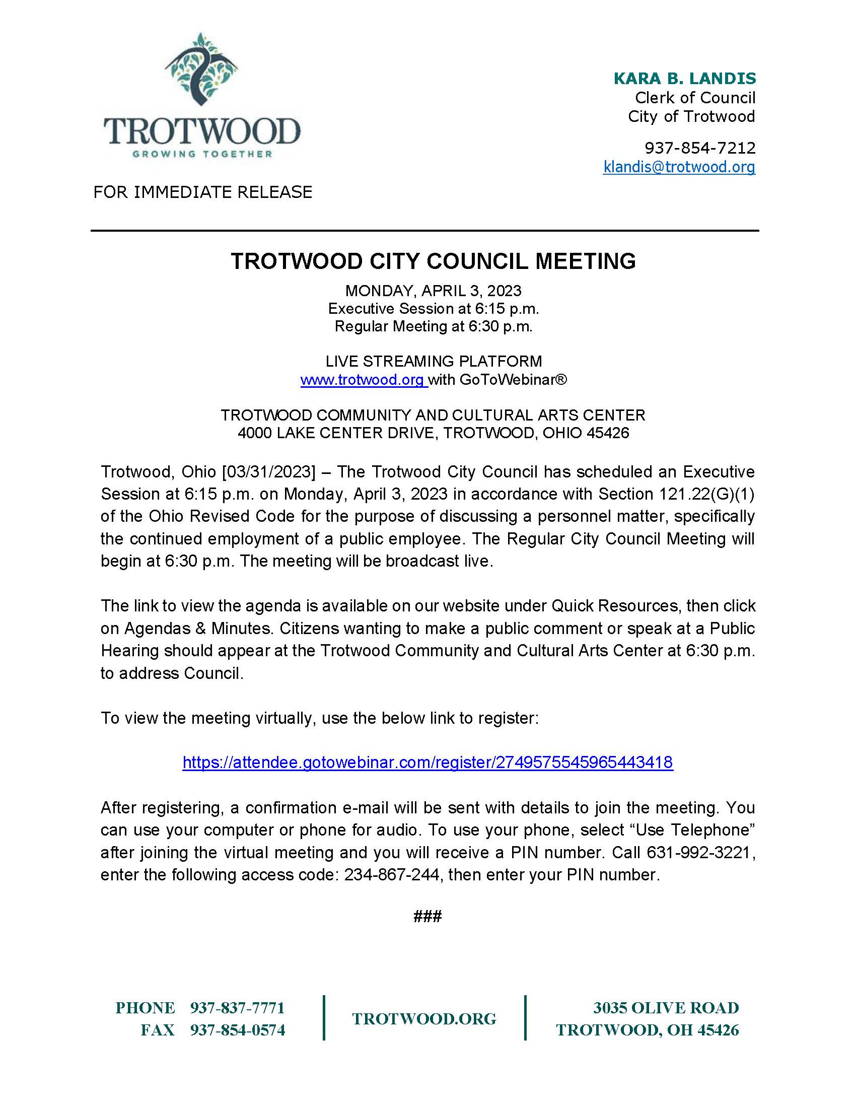 TROTWOOD CITY COUNCIL REGULAR MEETING WITH EXECUTIVE SESSION - Trotwood ...